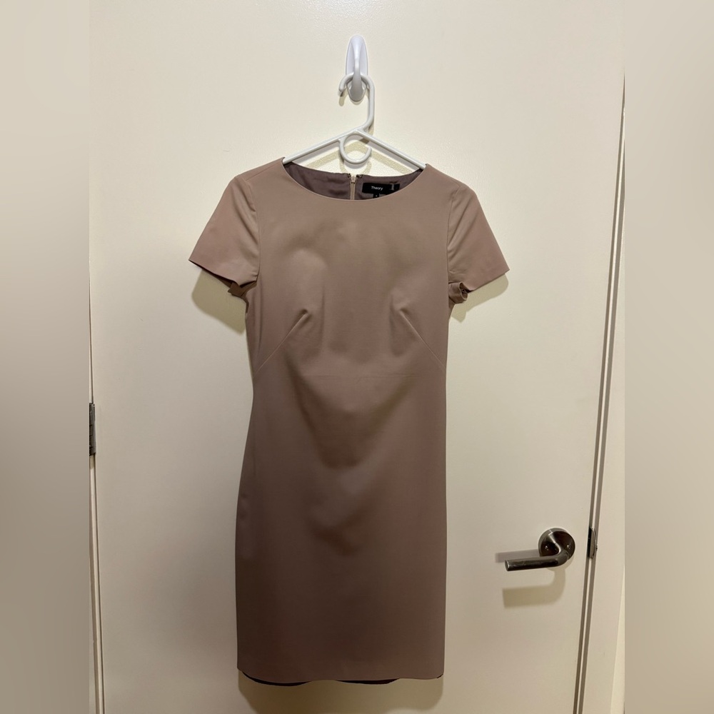 Theory Taupe Sheath Suit Dress with Short Sleeves